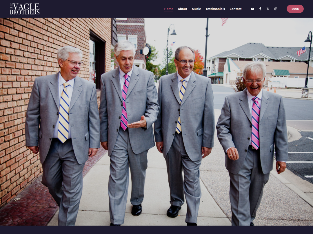 Home page with an image of Vagle Brothers walking through a Sidewalk