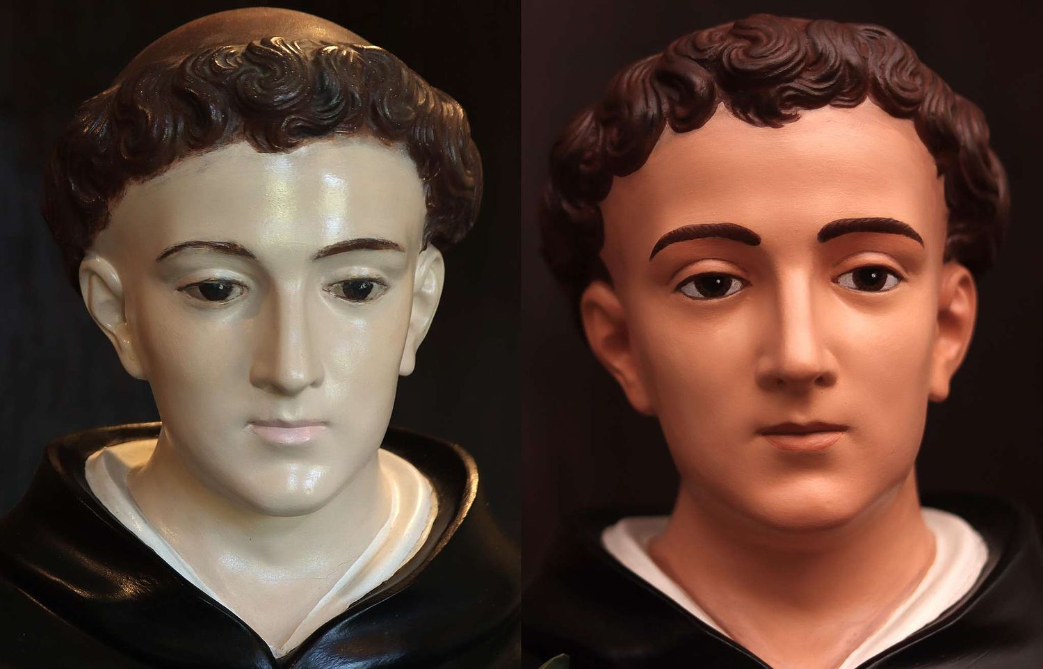 Saint Dominic Statue Restoration picture showing before and after complete restoration of this beautiful statue for Holy Trinity Catholic Church in Somerset, Ohio.