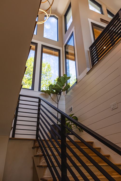 View towards covered porch from below